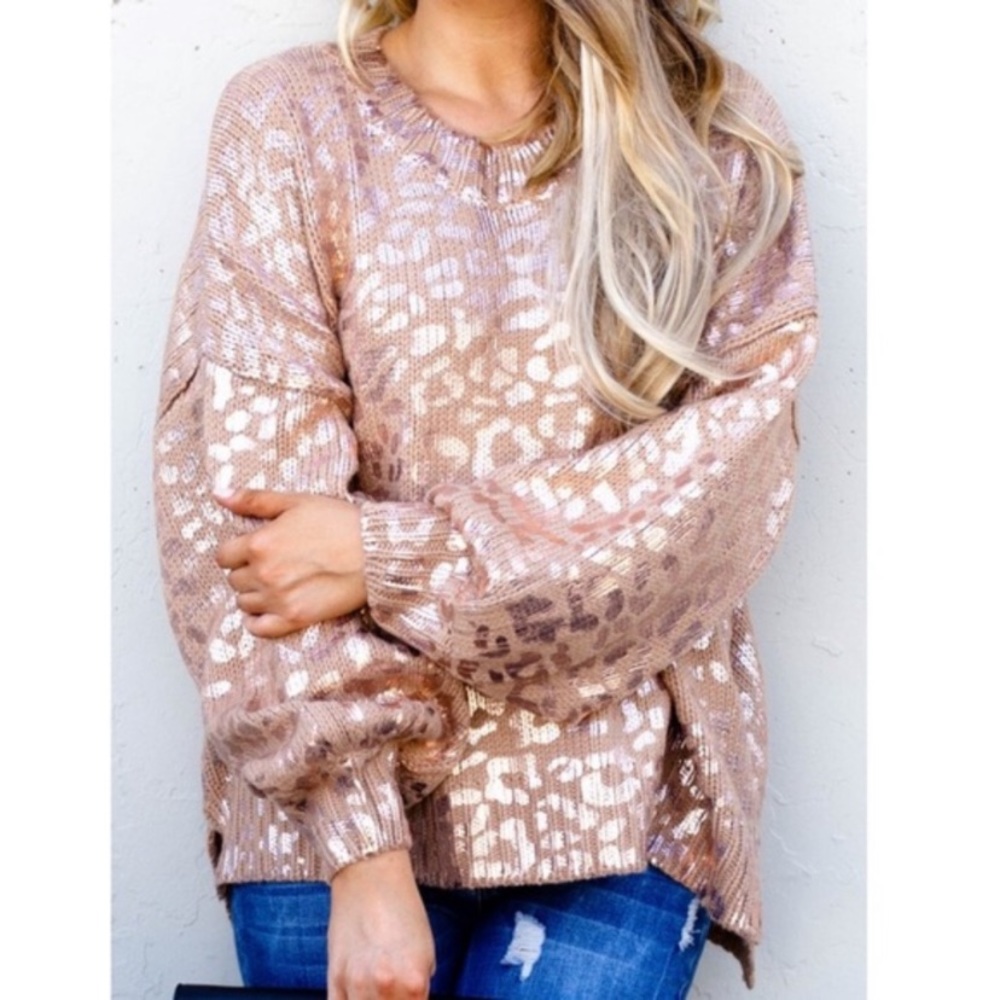 Taupe Rose Gold leopard print balloon sleeve sweater S/M M/L